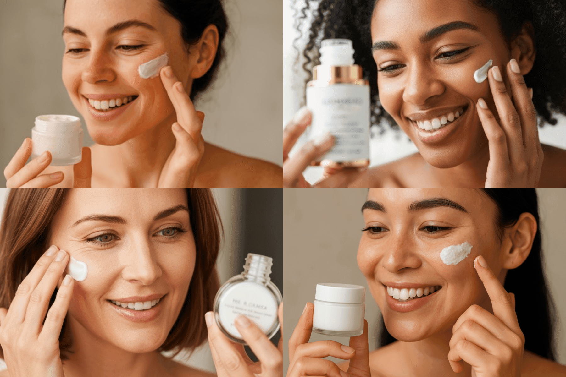 Four women smiling while applying or holding skincare products, including creams and serums, on their faces.