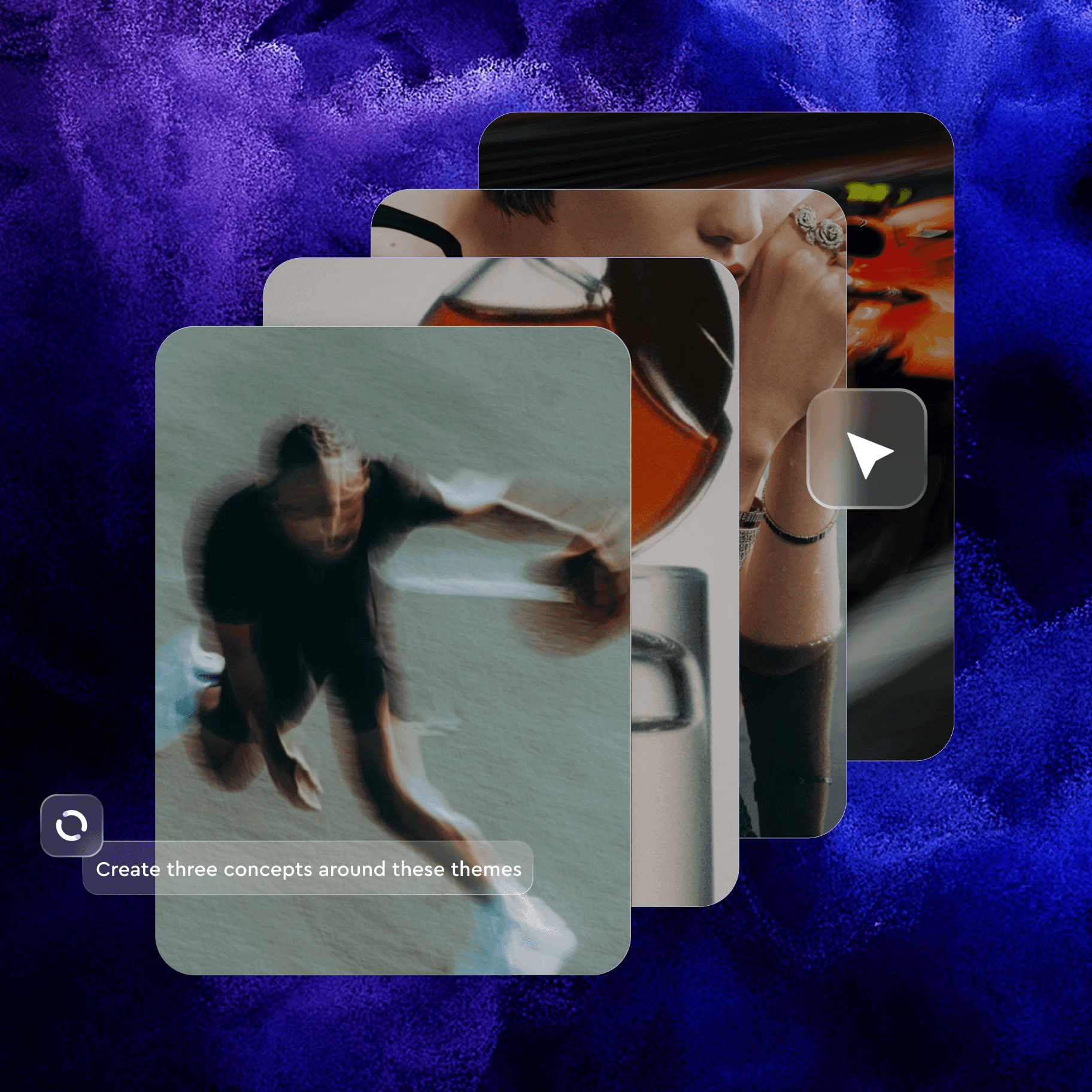 Three overlapping, rounded-rectangle cards are displayed against a textured, dark blue and purple background that resembles swirling dust or smoke. The front card shows a blurry, motion-filled image of a person playing basketball. The middle card features a close-up of a person's face and neck, with a ring visible on a finger and a hint of a red/orange background. The back card is mostly obscured. A translucent play button icon is positioned on the top right card, and a translucent refresh/loop icon with the text "Create three concepts around these themes" is on the bottom left.