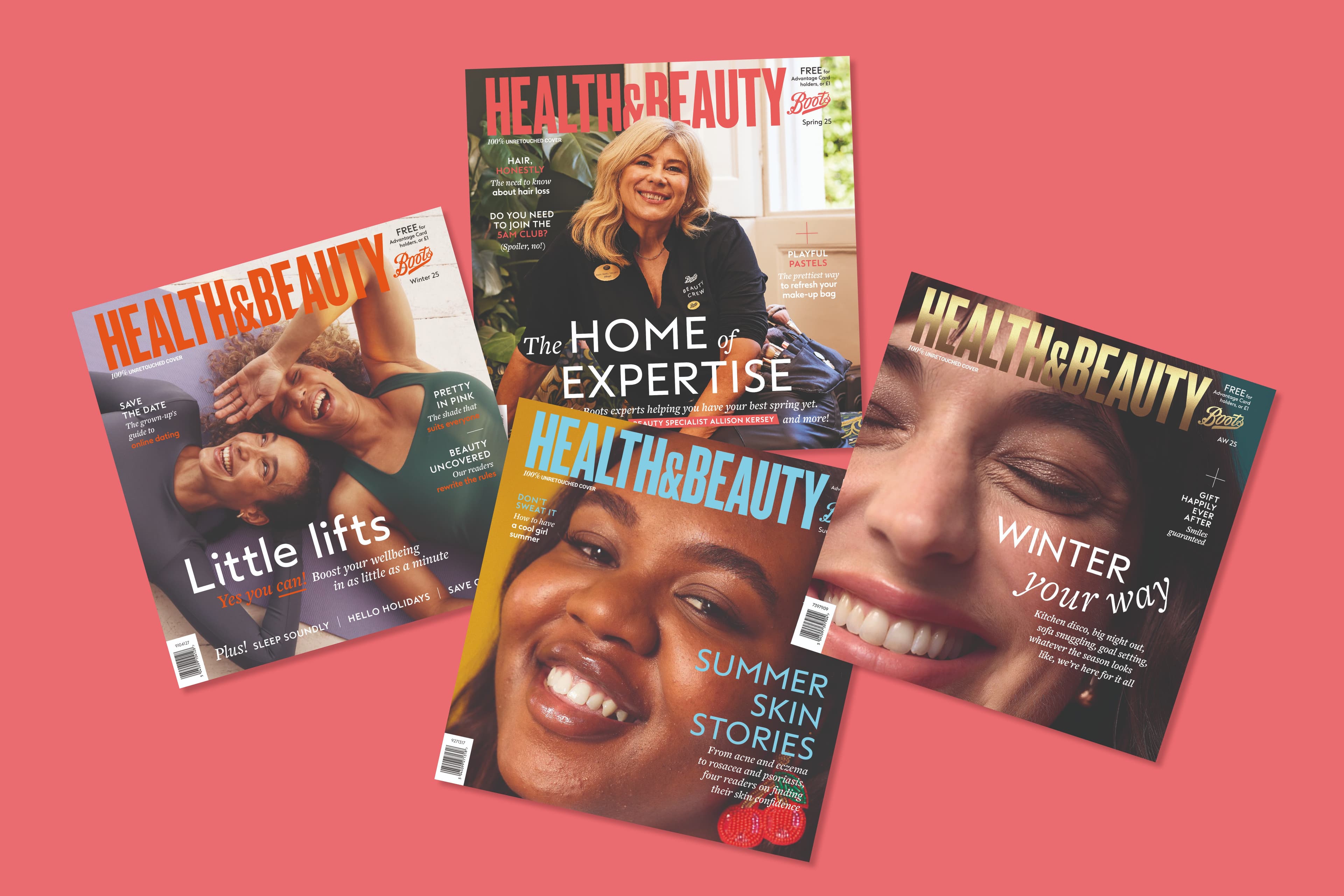 An overhead shot shows five "Health & Beauty" magazines, overlapping and fanned out on a coral-pink background. Each magazine features the title "HEALTH & BEAUTY" prominently. The central magazine has "The HOME of EXPERTISE" with "Boots experts helping you have your best spring yet" and features a smiling blonde woman in a black "Boots Beauty Crew" shirt. Another magazine shows two smiling women on a purple mat, with the headline "Little lifts / Yes you can! Boost your wellbeing in as little as a minute" and "Winter 25" below the Boots logo. A third magazine features a smiling woman with glossy lips and the headline "SUMMER SKIN STORIES," with "How to have a cool girl summer" and a barcode visible. A fourth magazine displays a woman with closed eyes and a bright smile, with the headline "WINTER your way" and "AW 25" below the Boots logo. The fifth magazine, partially obscured, has "Spring 25" visible. Each magazine also indicates "FREE for Advantage Card holders, or £1" and "100% UNRETOUCHED COVER."