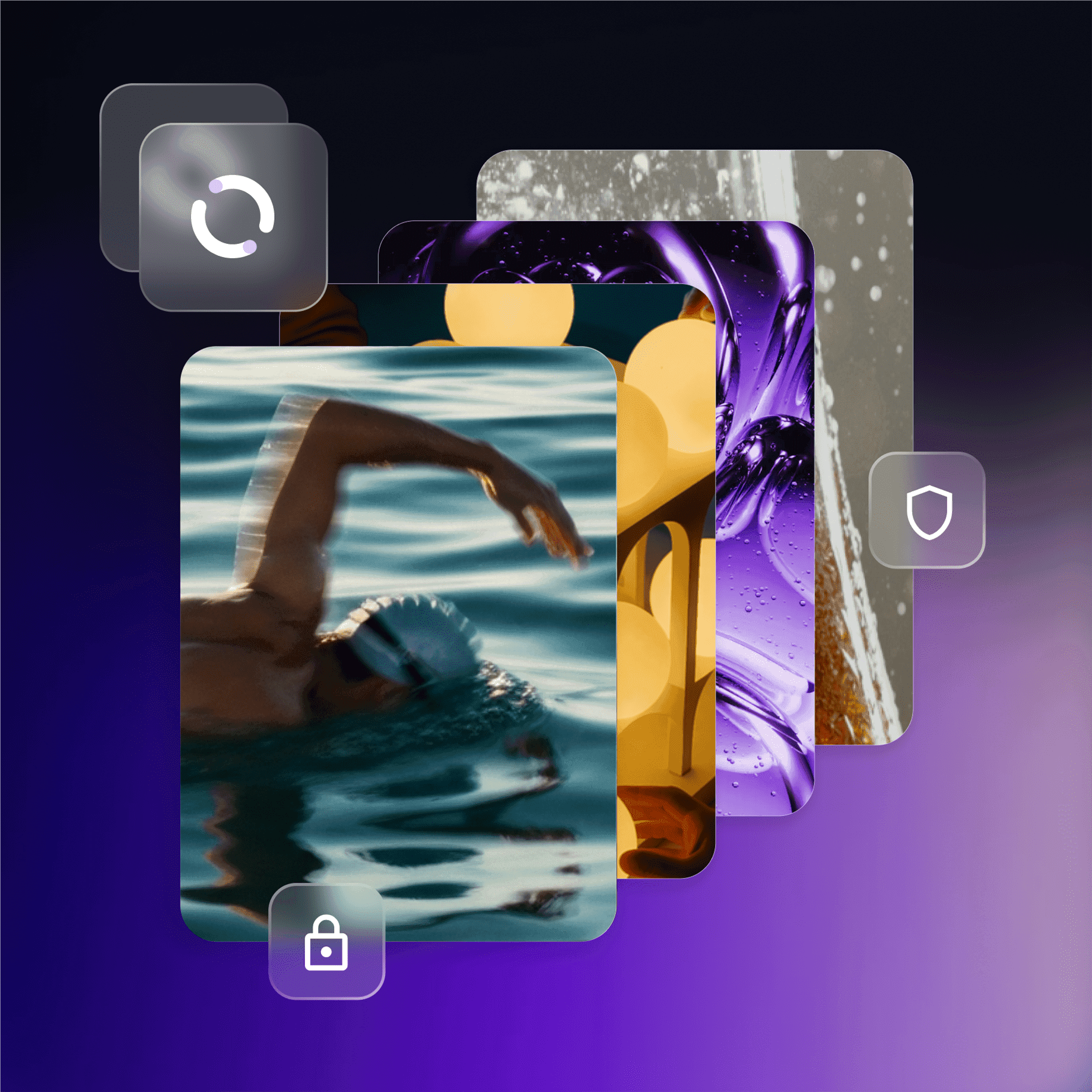 This image showcases WPP Open Pro designed for managing and iterating on creative assets with an emphasis on security and continuous improvement. Multiple overlapping cards display diverse visuals, including a motion-blurred swimmer, abstract art with glowing orbs, and a textured surface, suggesting a wide range of content types. Prominently featured icons, such as a refresh symbol, a padlock, and a shield, highlight key functionalities: rapid updates and iteration, secure access, and data protection within the creative workflow. The overall composition, set against a gradient background, conveys a modern and efficient system for handling digital media.