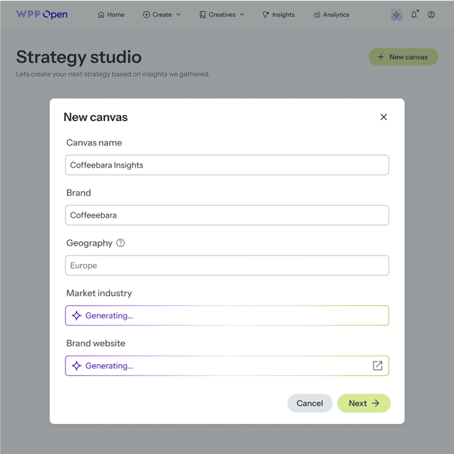 A user interface screenshot from WPP Open Pro's "Strategy studio" showing a "New canvas" dialog box. The form prompts for details like Canvas name ("Coffeebara Insights"), Brand ("Coffeeebara"), and Geography ("Europe"), with "Market industry" and "Brand website" fields actively "Generating..." information, highlighting AI-assisted strategy creation.